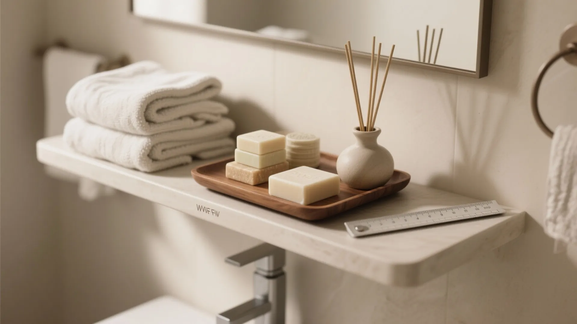 A bathroom shelf with stacked towels and soaps on a wooden tray with reed diffuser