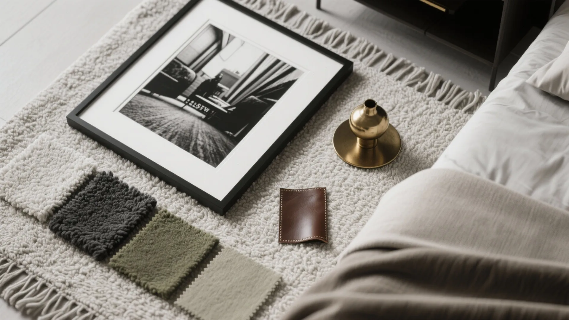 Interior design mood board on carpet featuring fabric samples framed art gold vase and leather