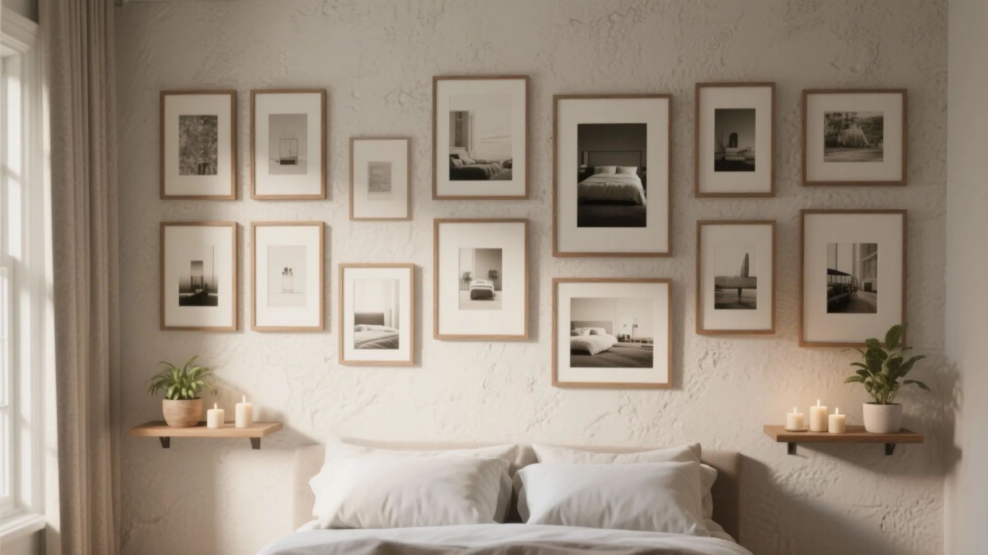 Curated gallery wall with cohesive neutral frames and small shelves holding plants and candles.
