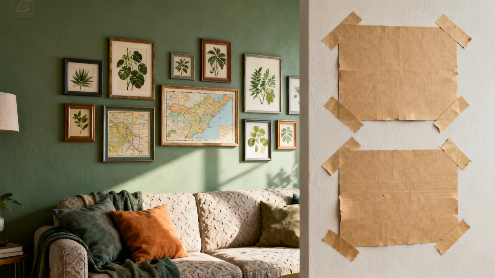 Themed gallery wall with mixed frame sizes and kraft paper templates taped for alignment in a small living room.