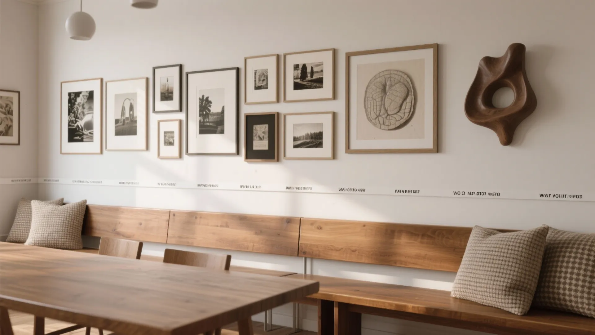 Modern dining area with wooden bench seating, wall art gallery, throw pillows, and light fixture