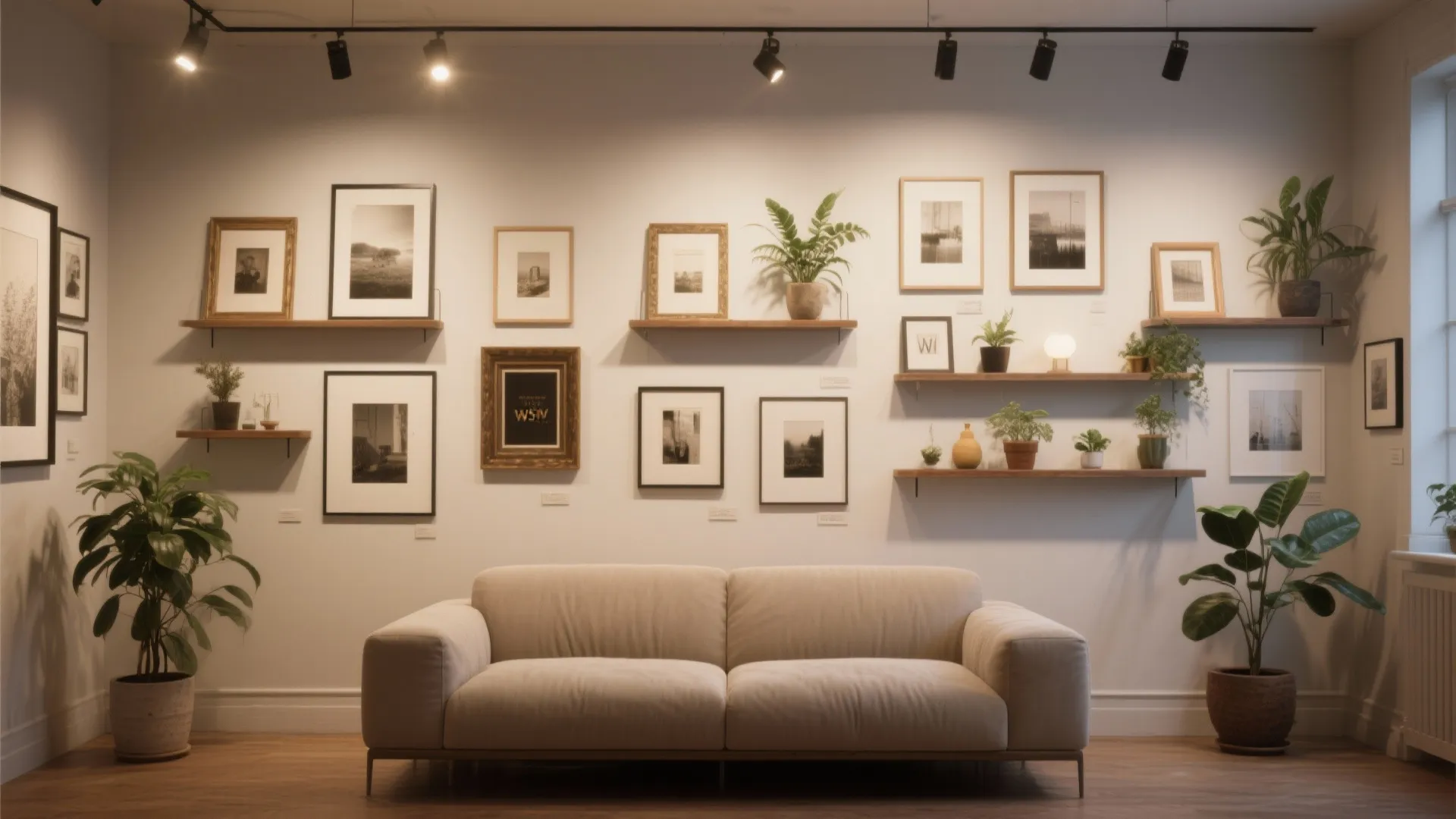 4. A Curated Gallery Wall with Floating Shelves