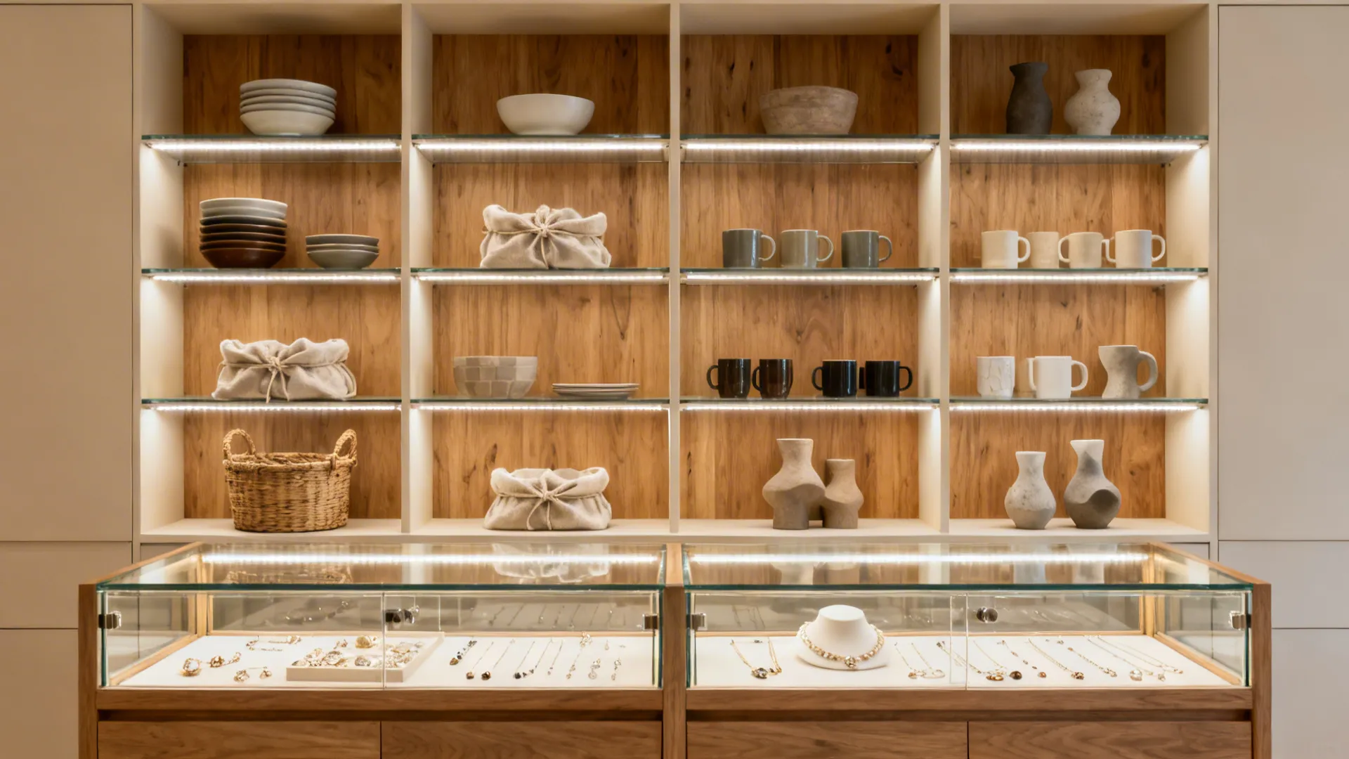 5) Curated Interiors: Lighting, Shelving, and Color Behind Glass