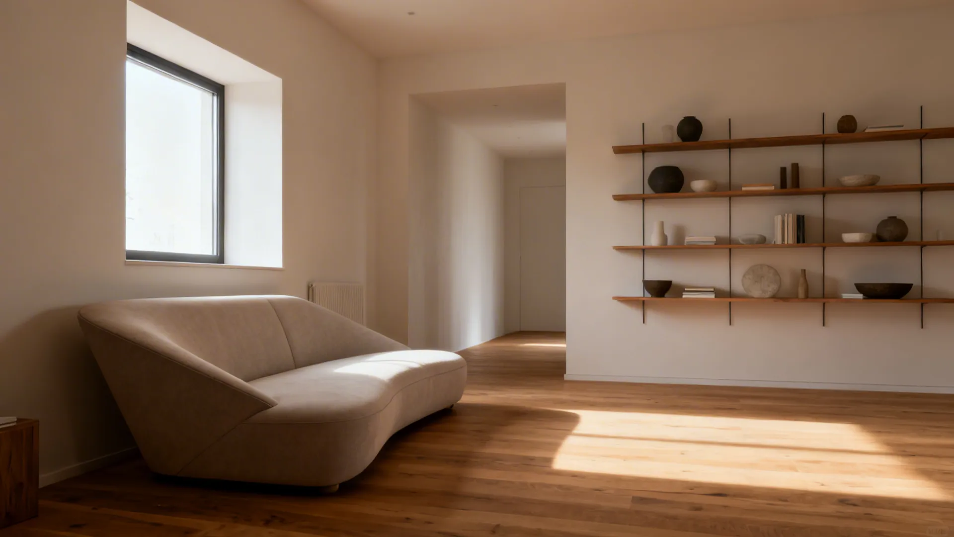 Minimal living room layout with angled sofa, clear pathways and pared-down accessories.