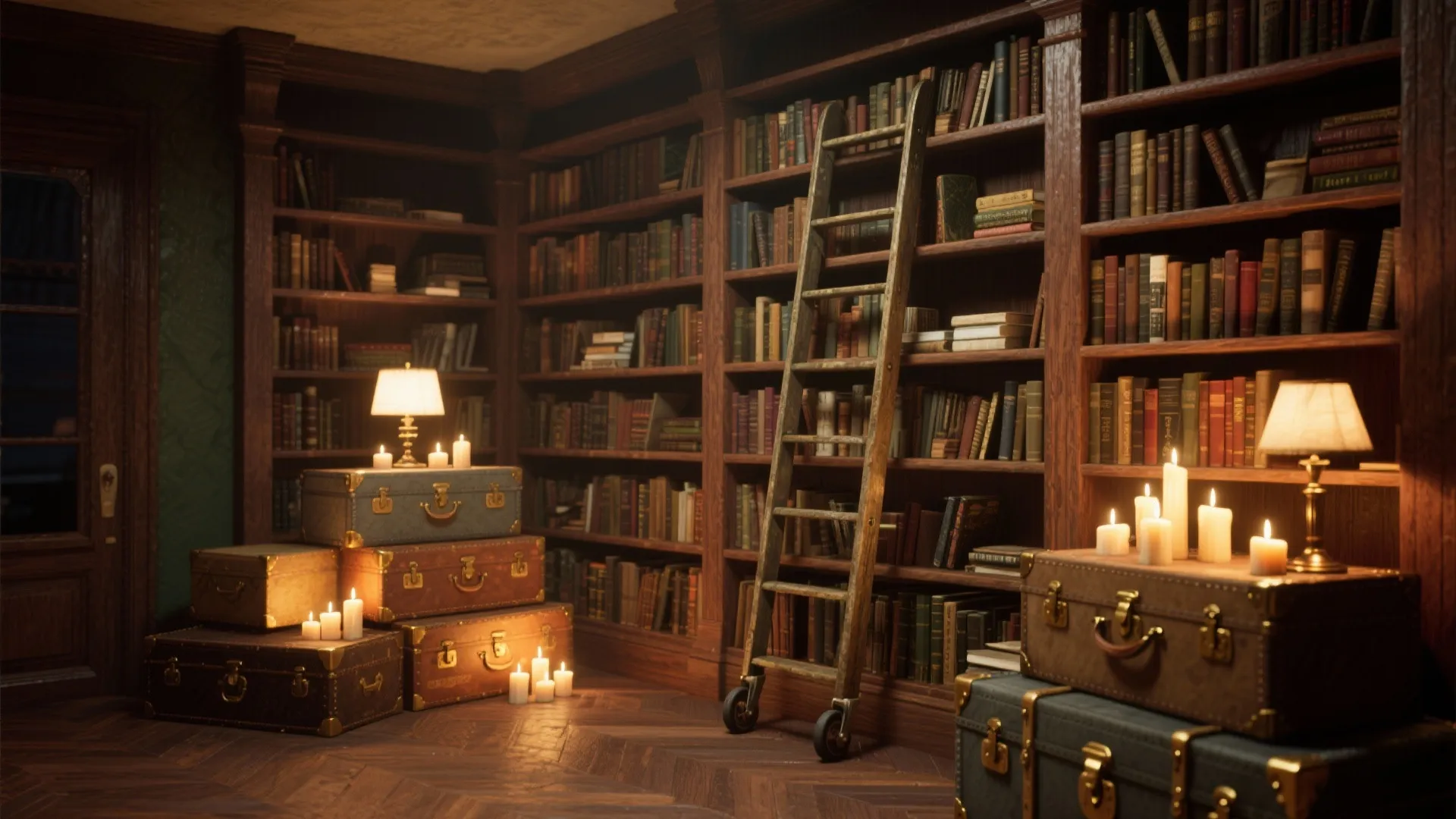 Wooden bookshelves filled with many books featuring a rolling ladder old suitcases and glowing candles