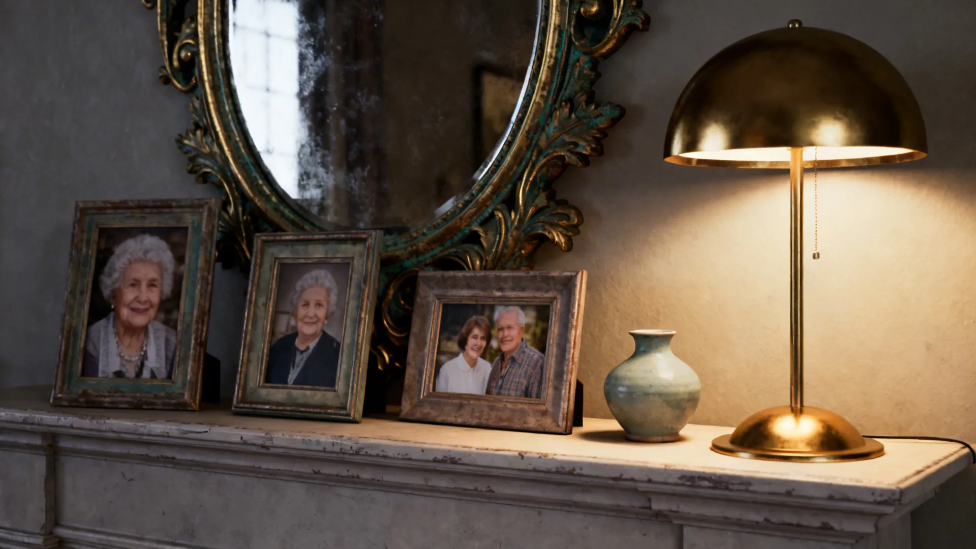 Mantel vignette with an antique mirror, grouped framed photos and a modern brass lamp.