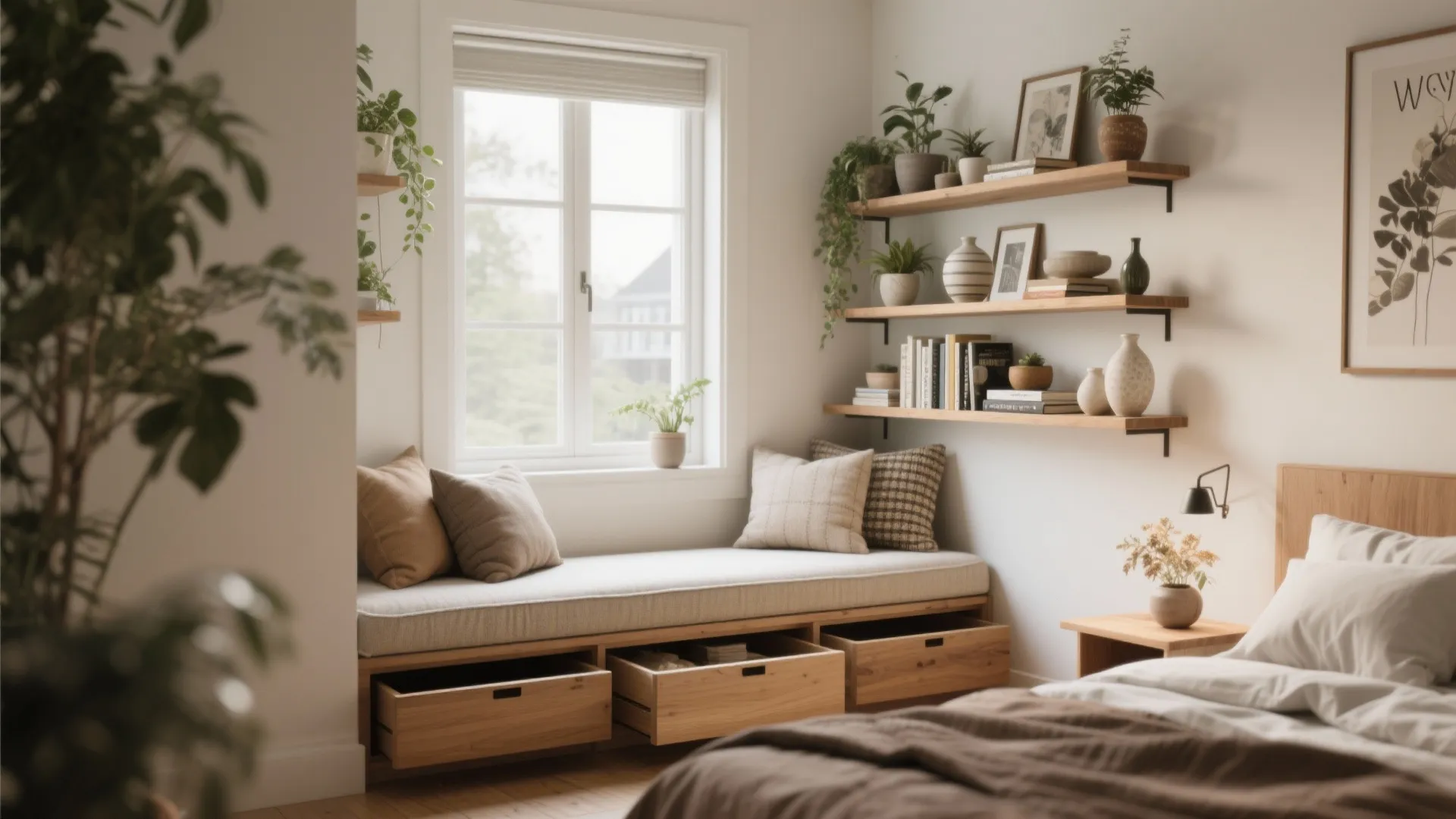 Window bench with storage drawers wall shelves with plants and books in a bright room