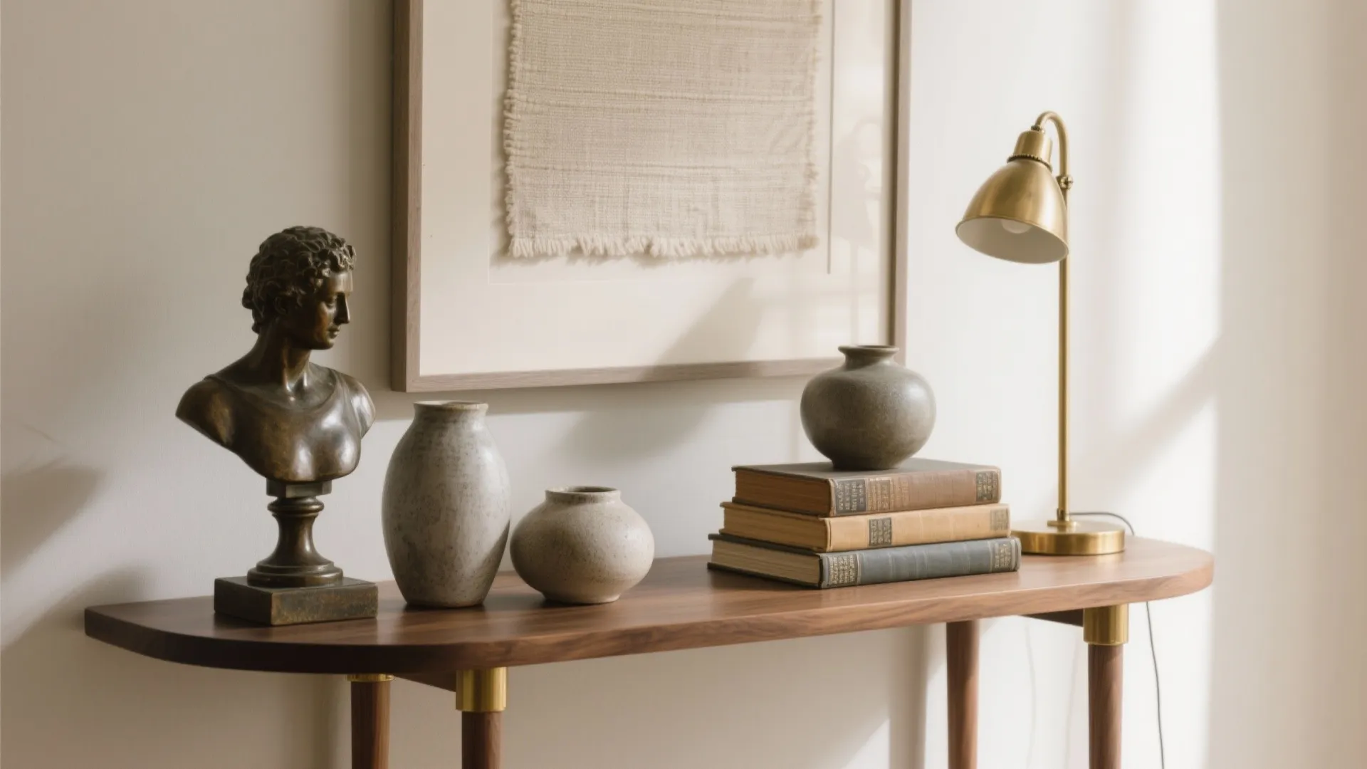 Wooden table decorated with a statue, ceramic vases, old books, and a gold desk lamp