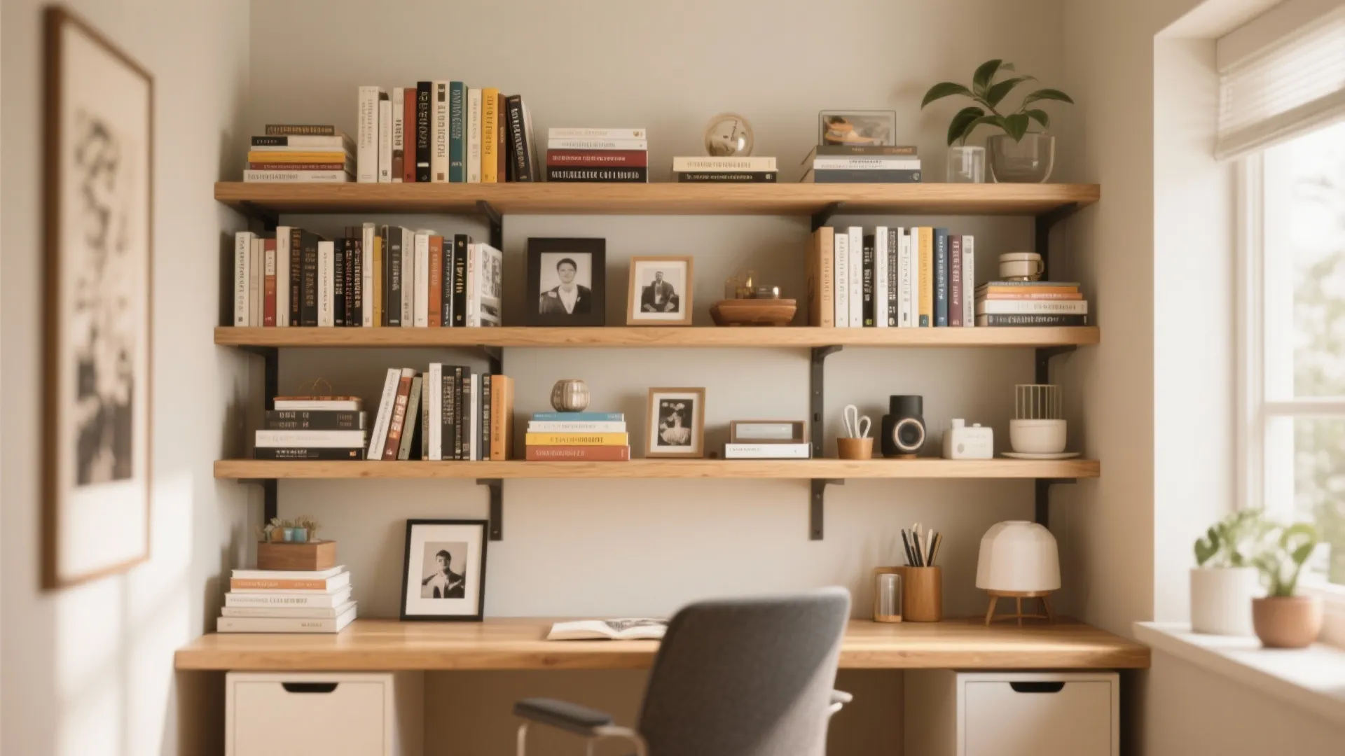 Well-arranged office shelves with books and decor