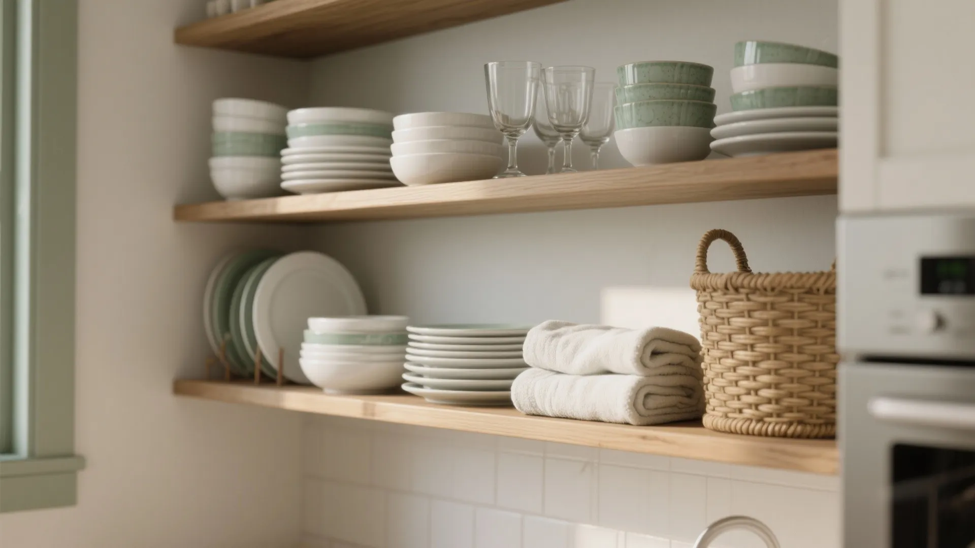 Upper open kitchen shelves with matching dishes, glasses and woven baskets in a calm neutral palette.