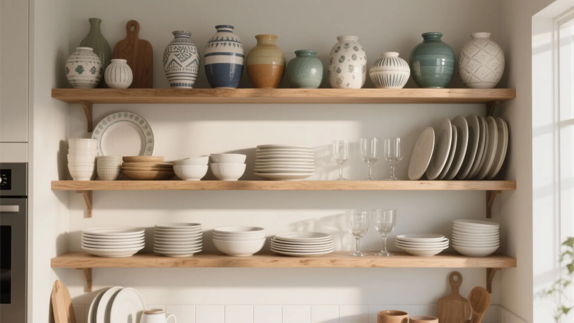 Three wooden open shelves displaying ceramic vases along with stacked white plates and many glasses