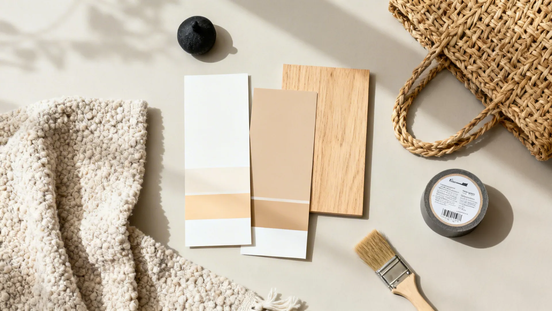 Flat lay of warm white, sand, and light oak samples with textured fabrics for a small room palette.