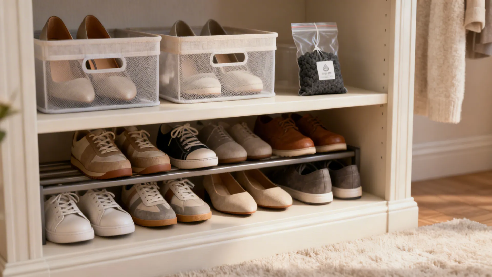 Open shelf showing a curated rotation of 10–15 pairs of shoes with breathable containers and a charcoal sachet.