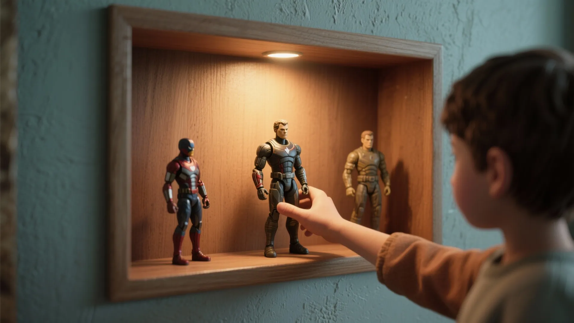 Close-up of a curated shelf niche with three action figures and a child's hand placing one.