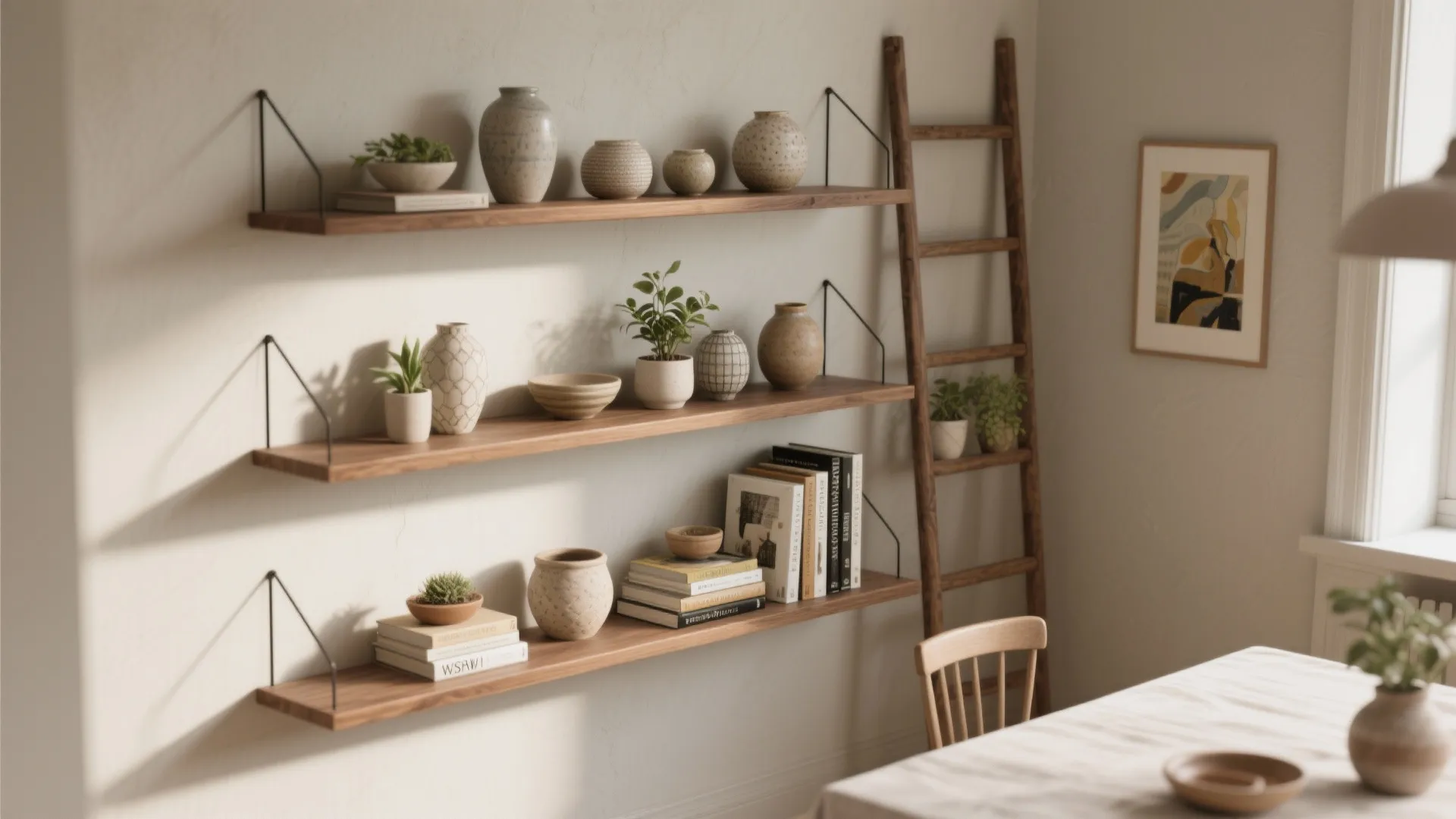 4. Curated Display: Narrow Shelves and Art Stack