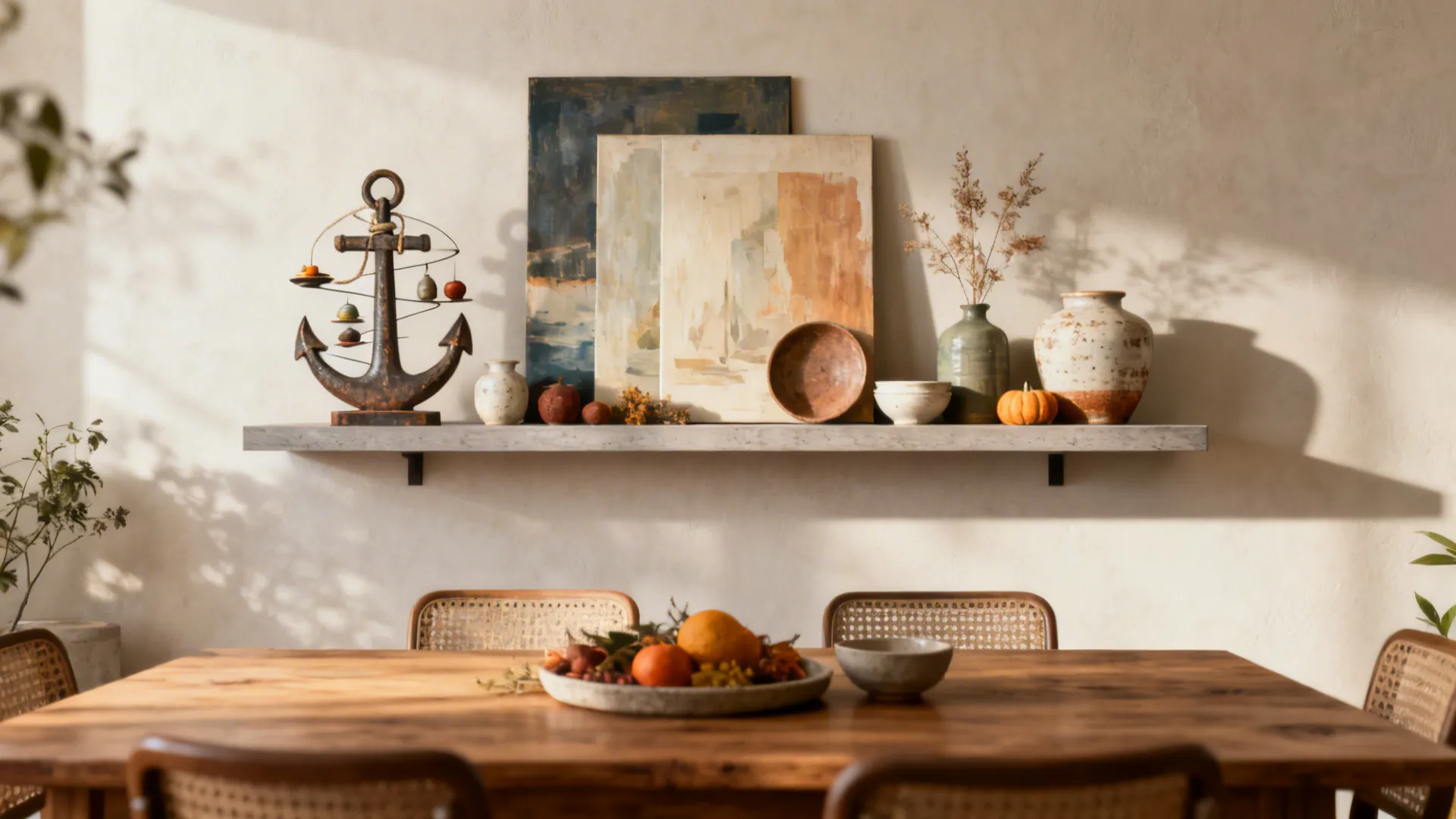 Floating shelf above a dining table with layered art, ceramics, and rotating objects