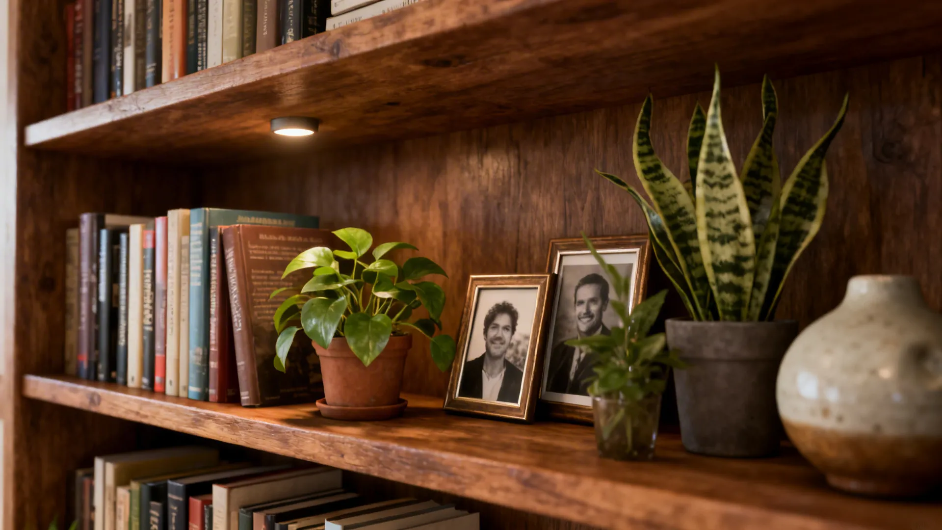 Curated open shelving with books, plants and framed photos for a personal touch