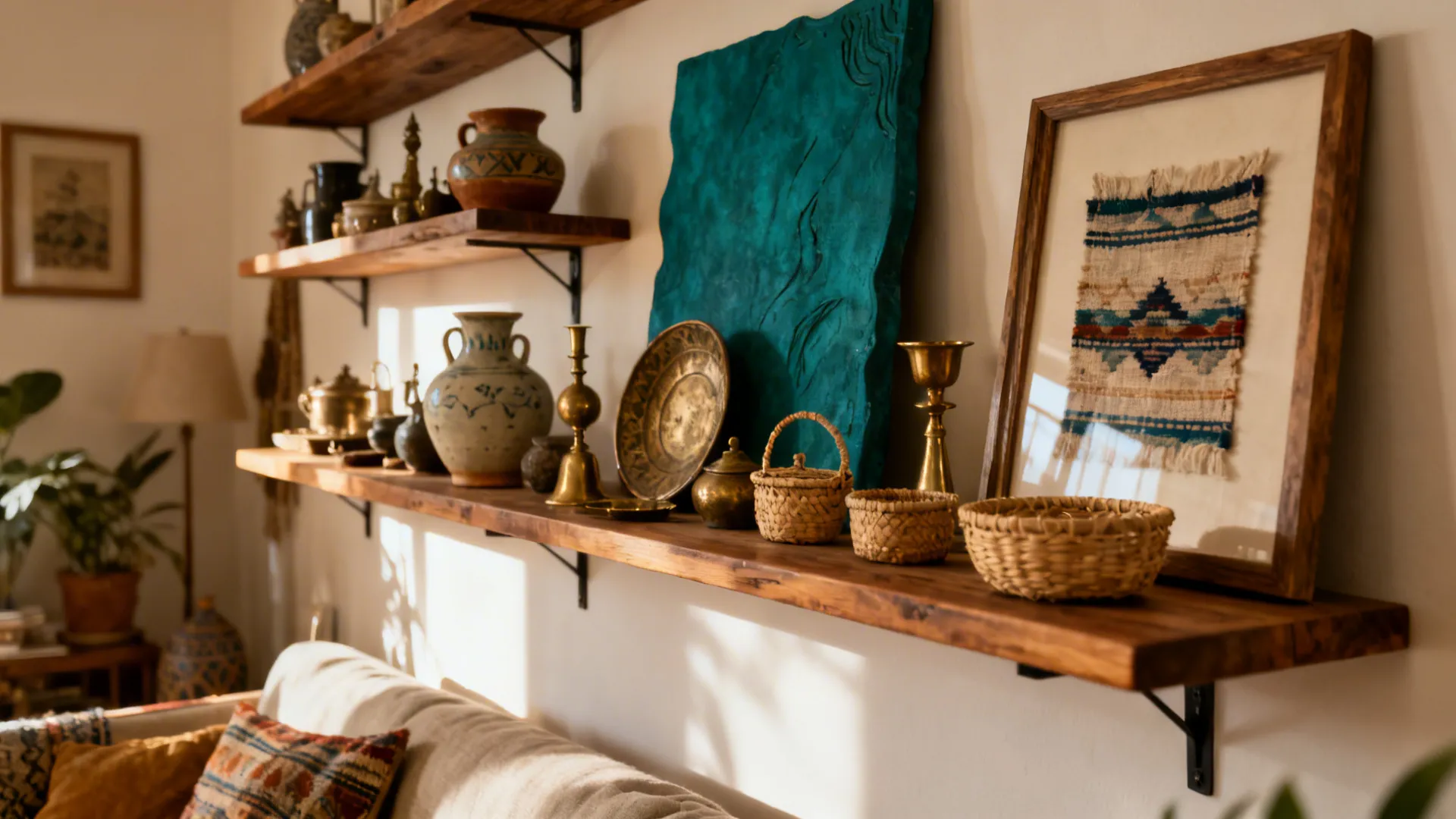 Curated shelf with global ceramics, woven baskets and textiles grouped by color.