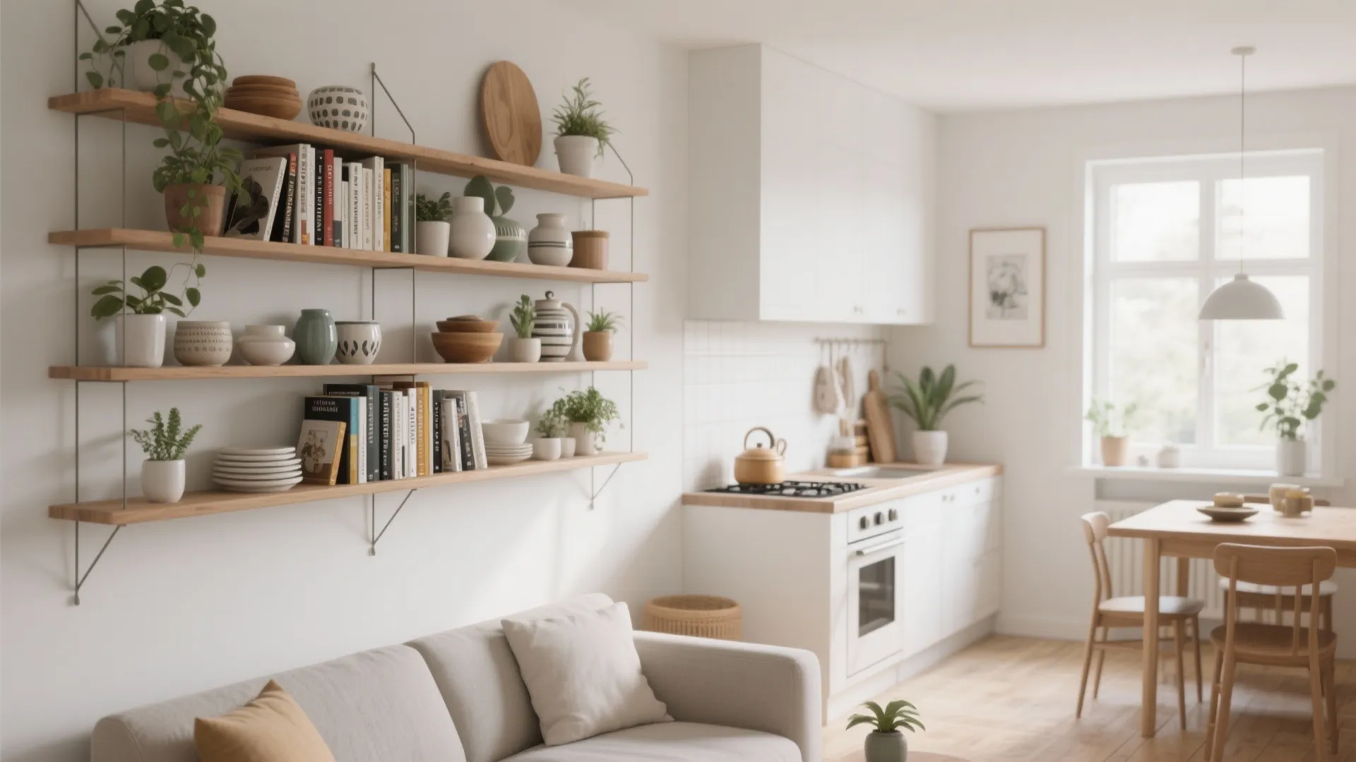Wooden wall shelves displaying books and plants in a bright white kitchen with dining area