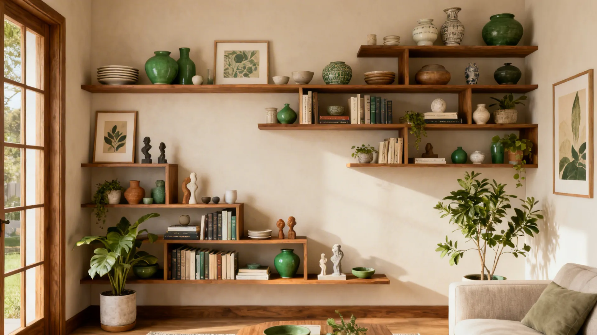 Open shelving styled with books, ceramics, plants and framed prints in a small living room.