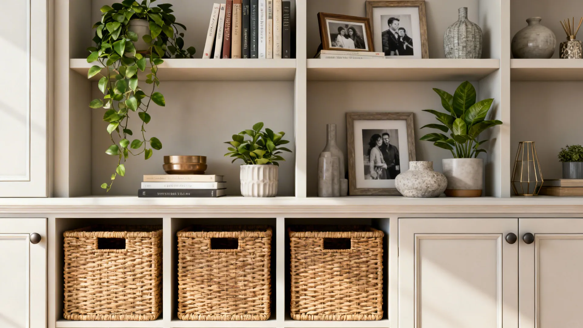 Curated open shelves above closed storage with baskets and a few decorative objects in a small living room.