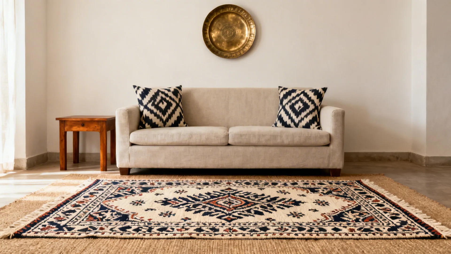 Neutral living room with block-printed rug, ikat cushions, and a brass thali on the wall