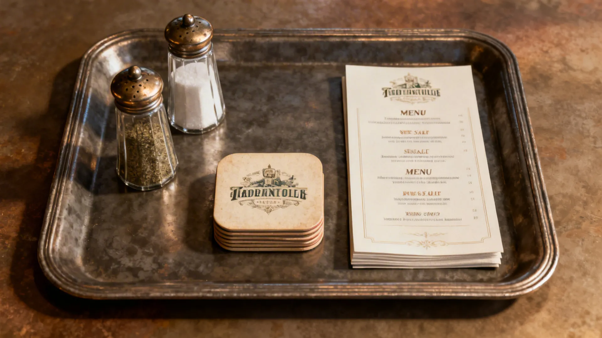 Top-down flatlay of a curated tray with vintage salt cellars, coasters, and a printed menu card.