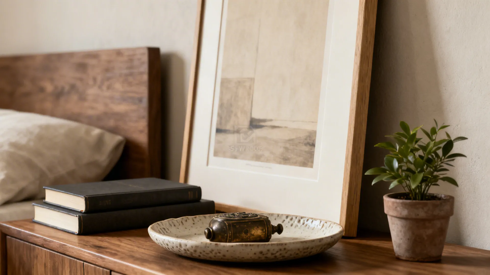 Curated bedside vignette with a large print, books and a vintage object arranged intentionally.