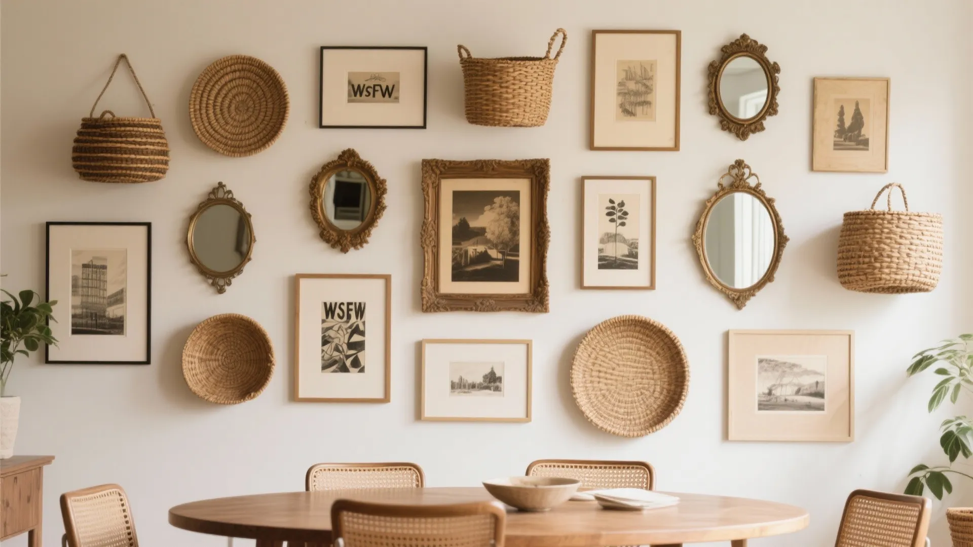Dining room gallery wall with framed art and decorative items
