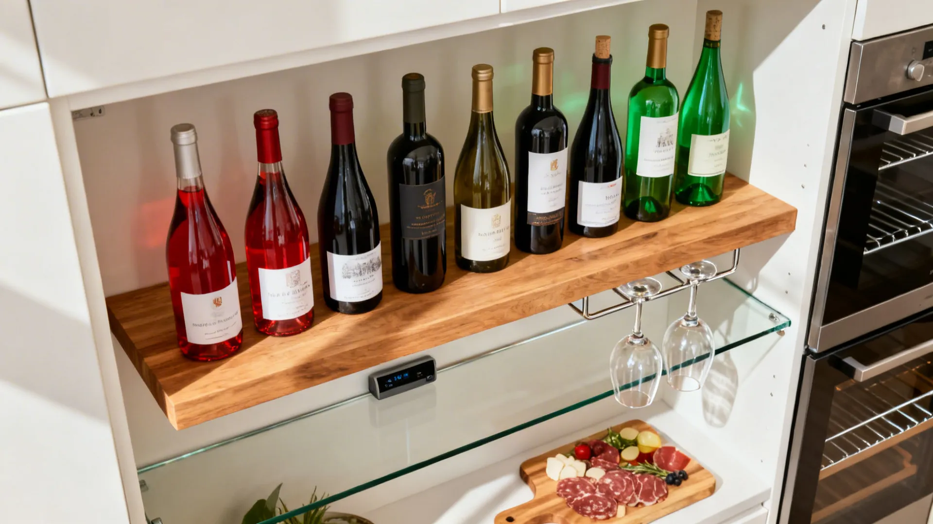 Top-down view of a tidy oak wine ledge with 6–8 bottles and glass rail.