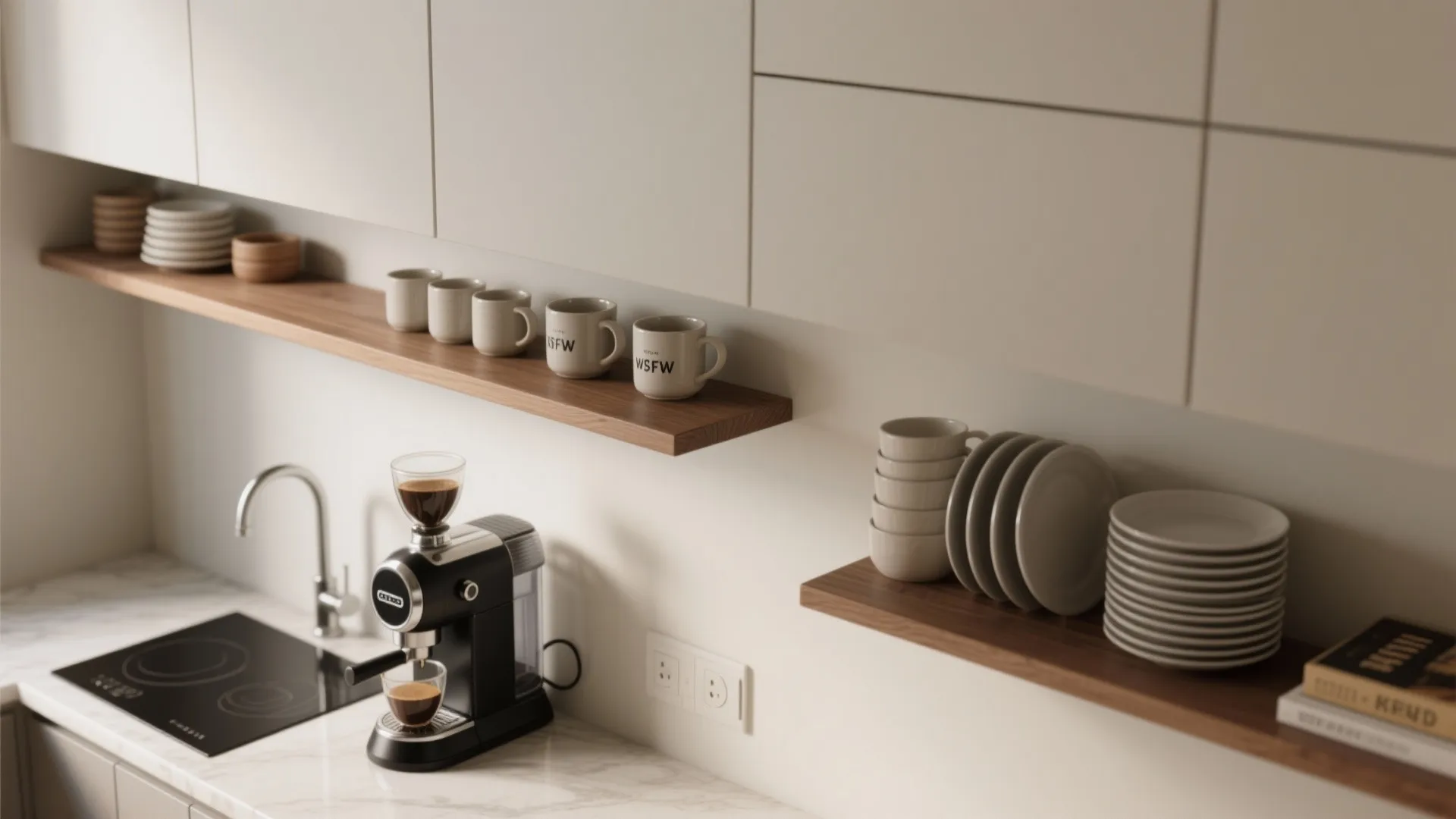Modern kitchen coffee station with black coffee machine mugs on wooden shelves and white cabinets