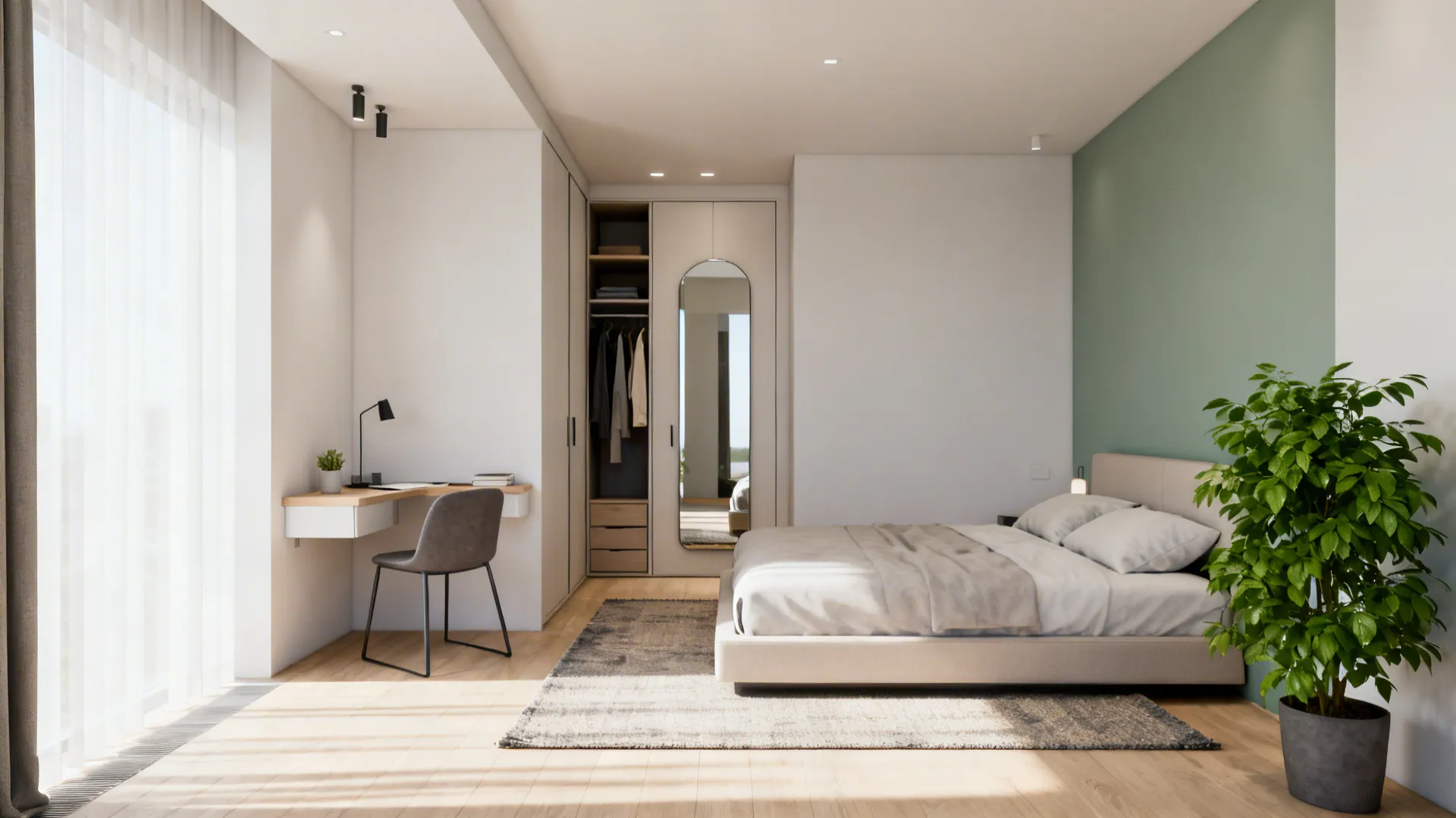 Small bedroom showing sleeping, dressing, and work zones separated by rugs and color accents.