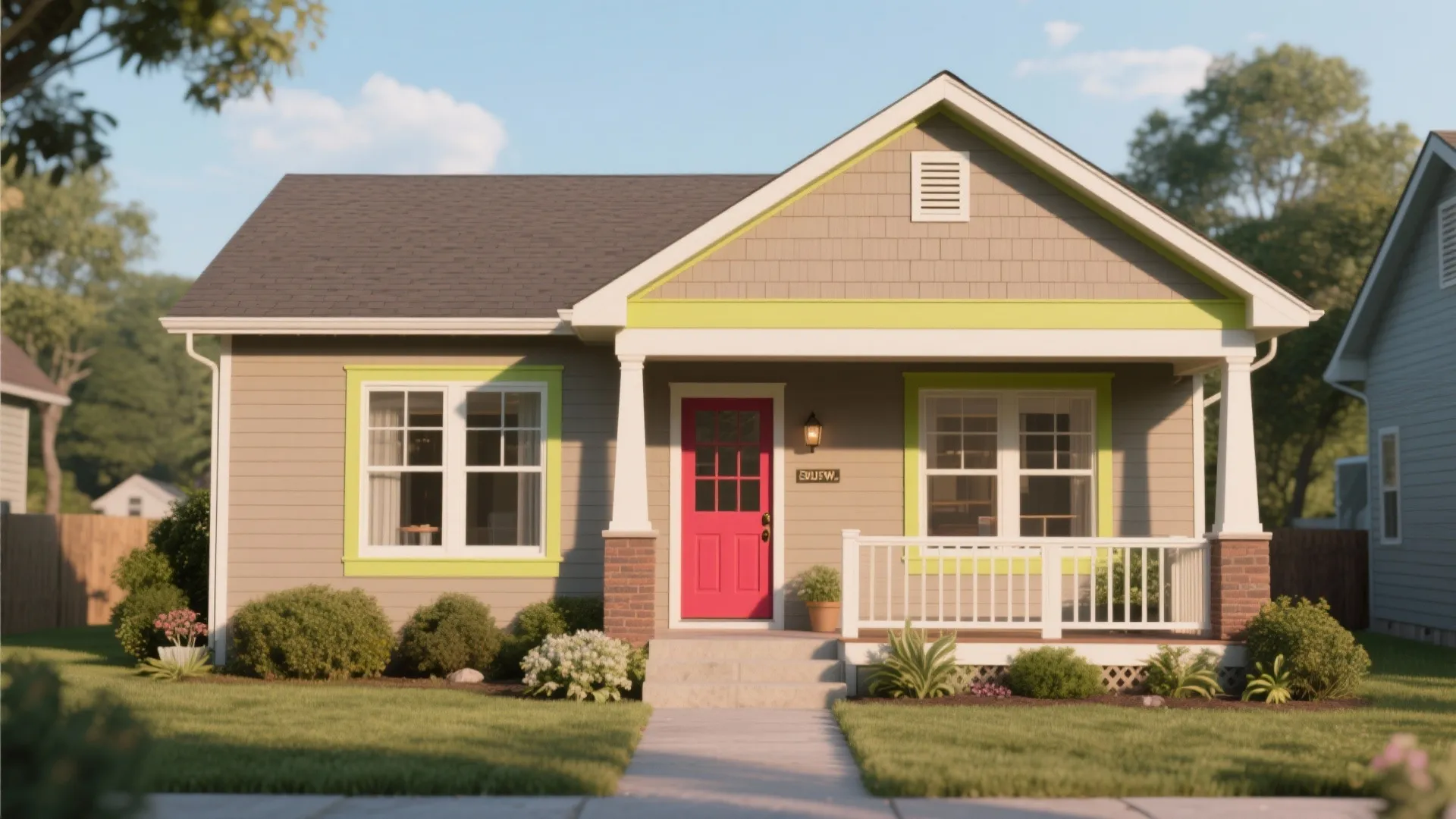 Small grey house with bright pink front door green window trim white porch and lawn