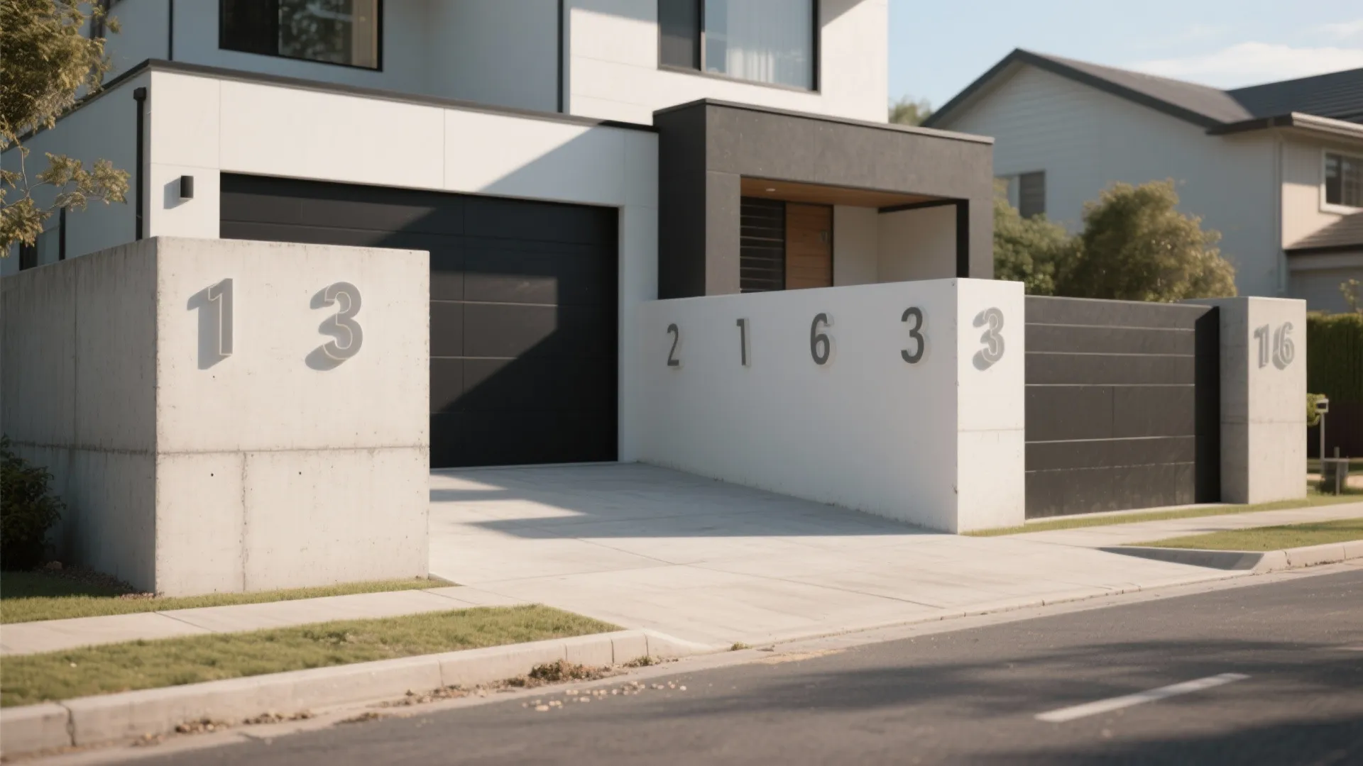 Modern house exterior with black garage door and silver address numbers on white concrete wall