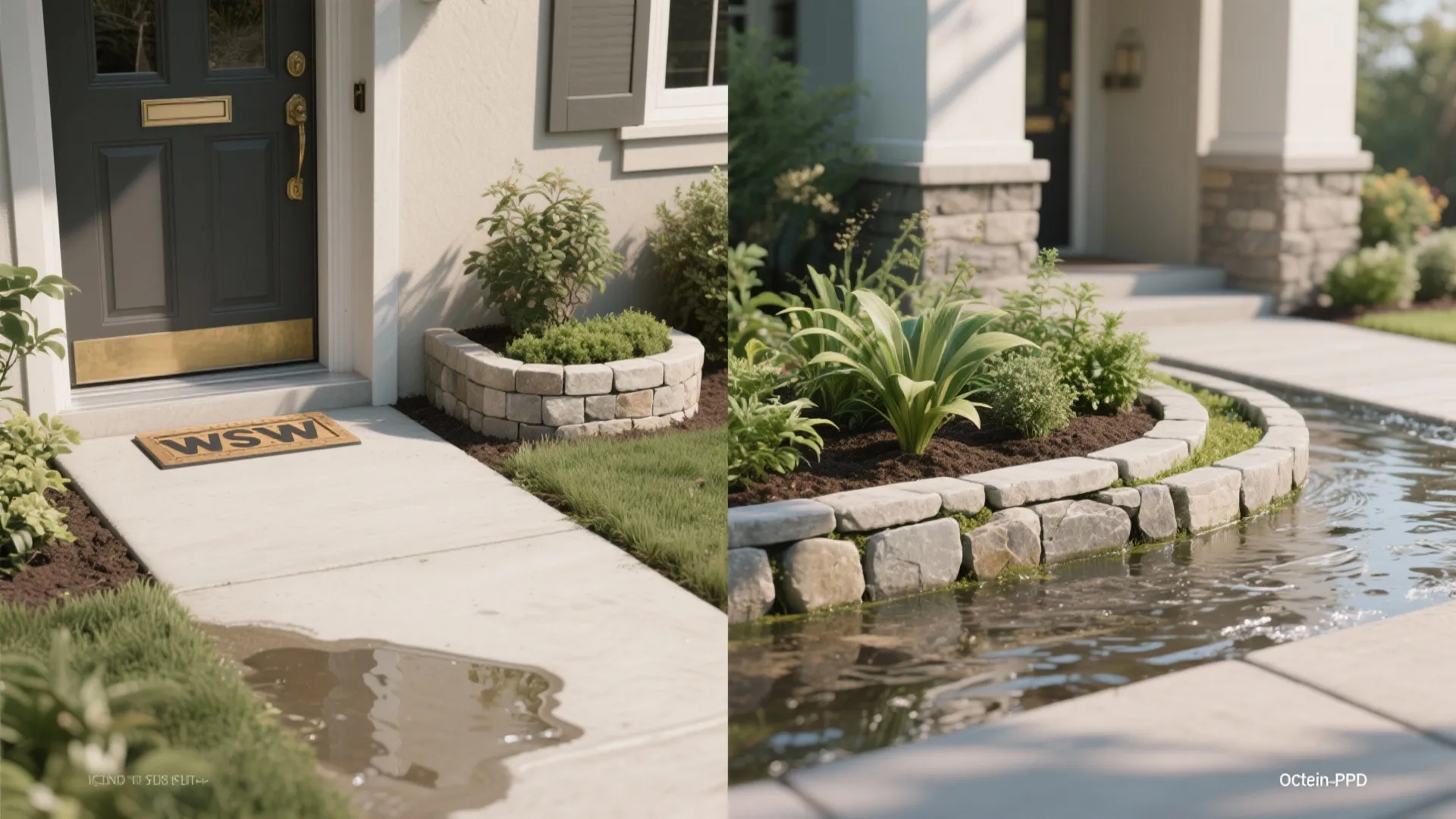 Before-and-after showing a decorative curb planter redirecting water away from a doorway.