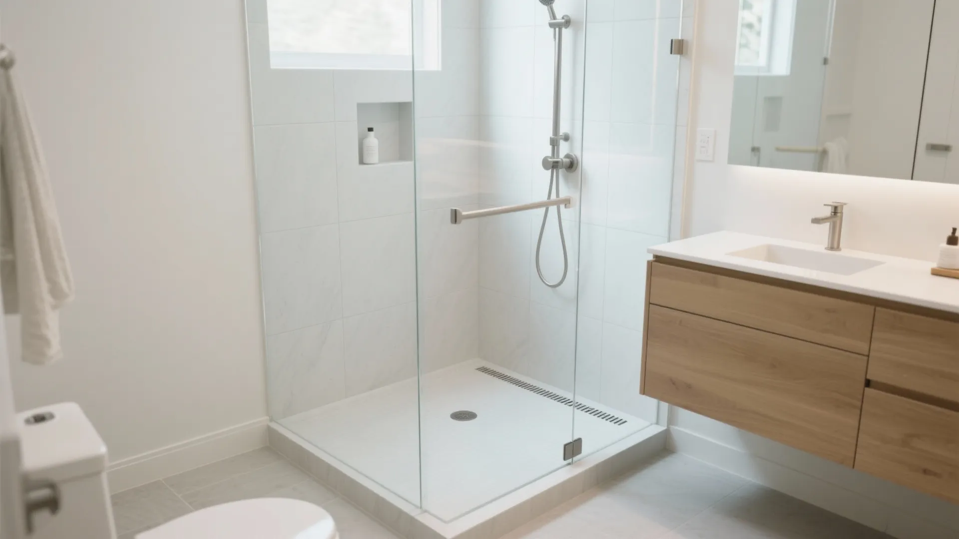 Modern bathroom with glass shower door wooden cabinet white sink toilet and white wall tiles