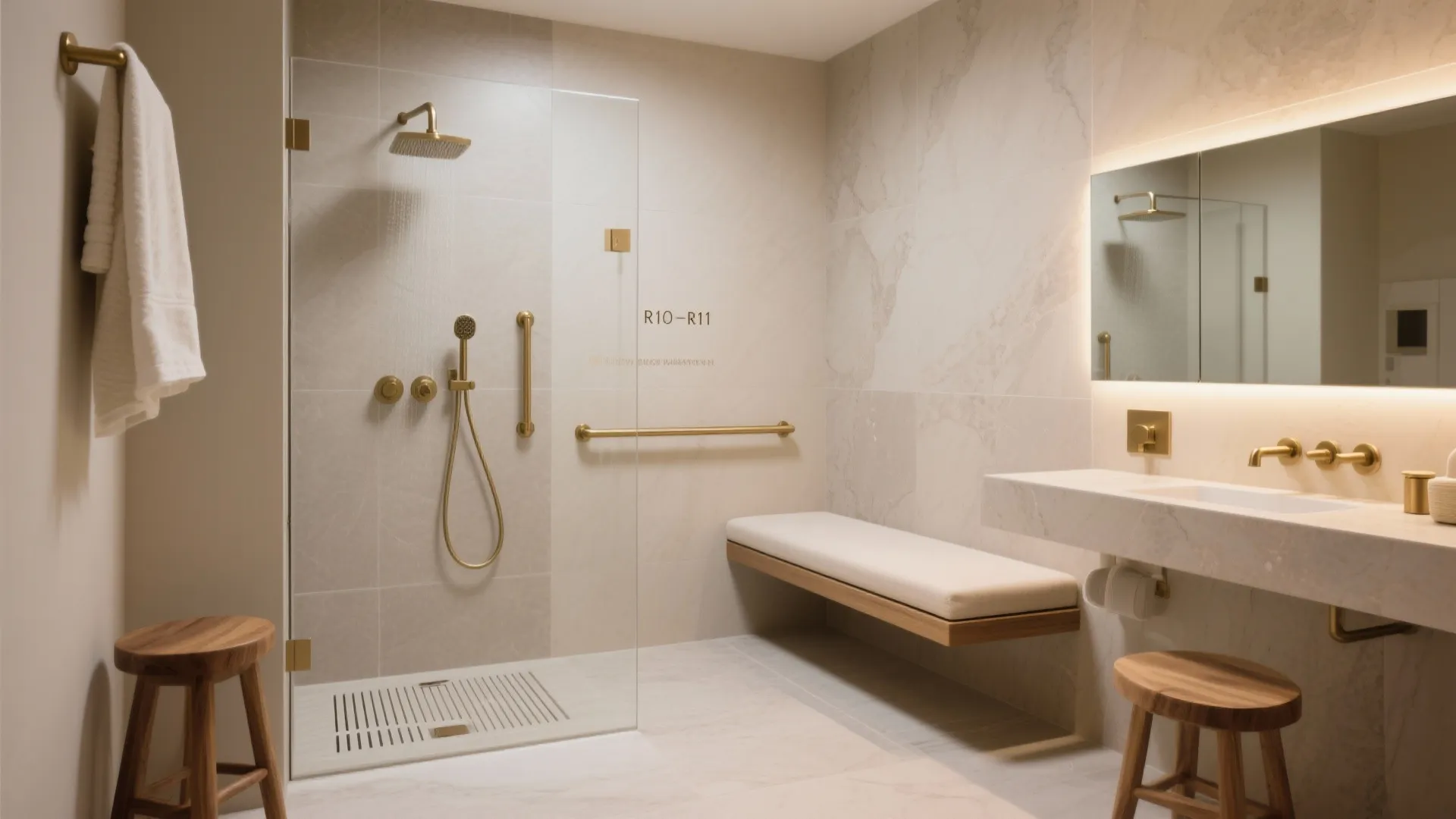 Accessible bathroom with walk in shower gold fixtures marble walls long bench and wooden stools