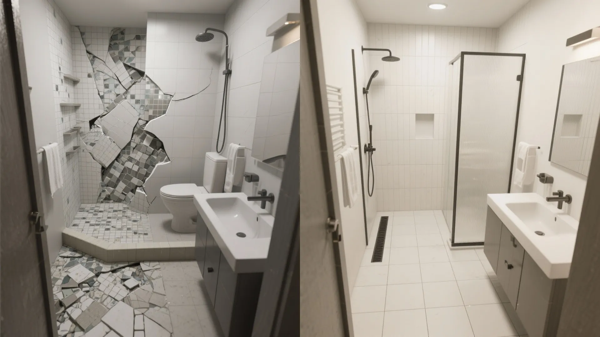 Visual comparison showing a busy curbed shower replaced with a seamless curbless large-format floor for a wider look.