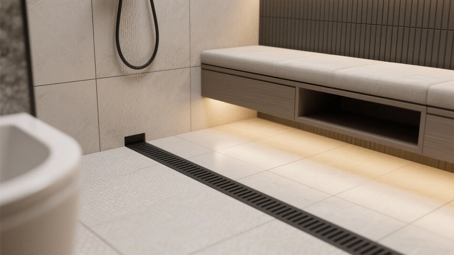 5. Curbless walk-in with linear drain and custom bench