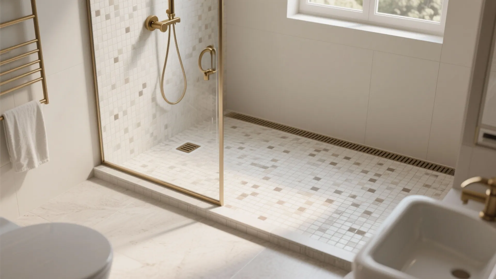 Curbless Showers with a Continuous Mosaic “Carpet”
