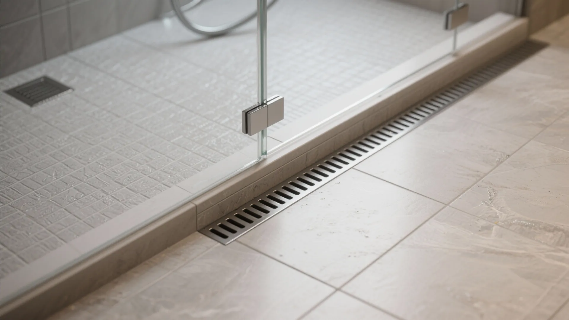 Close up of glass shower door and metal floor drain in a modern tiled bathroom