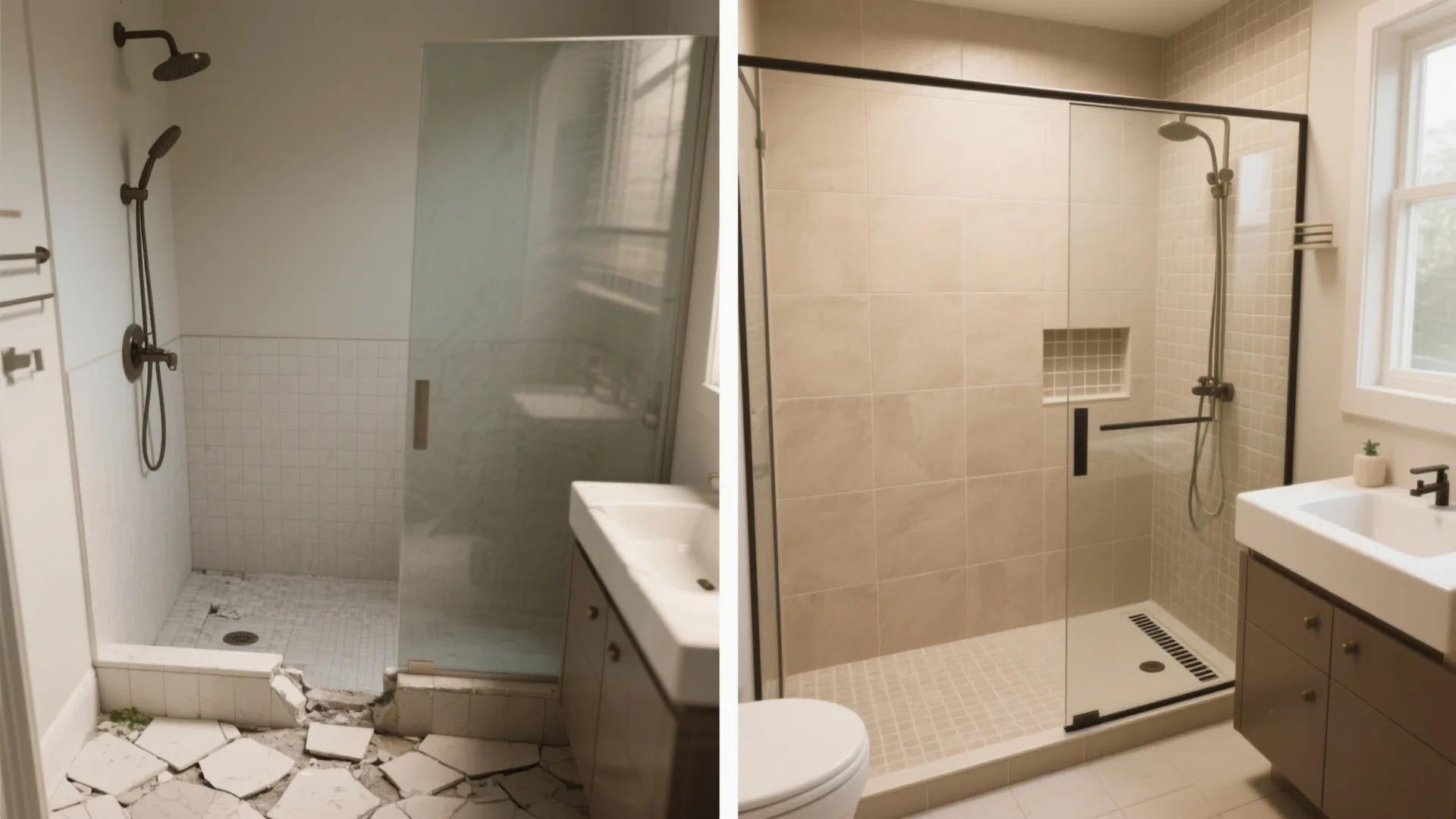Before and after comparison of a broken bathroom floor versus a new modern shower room