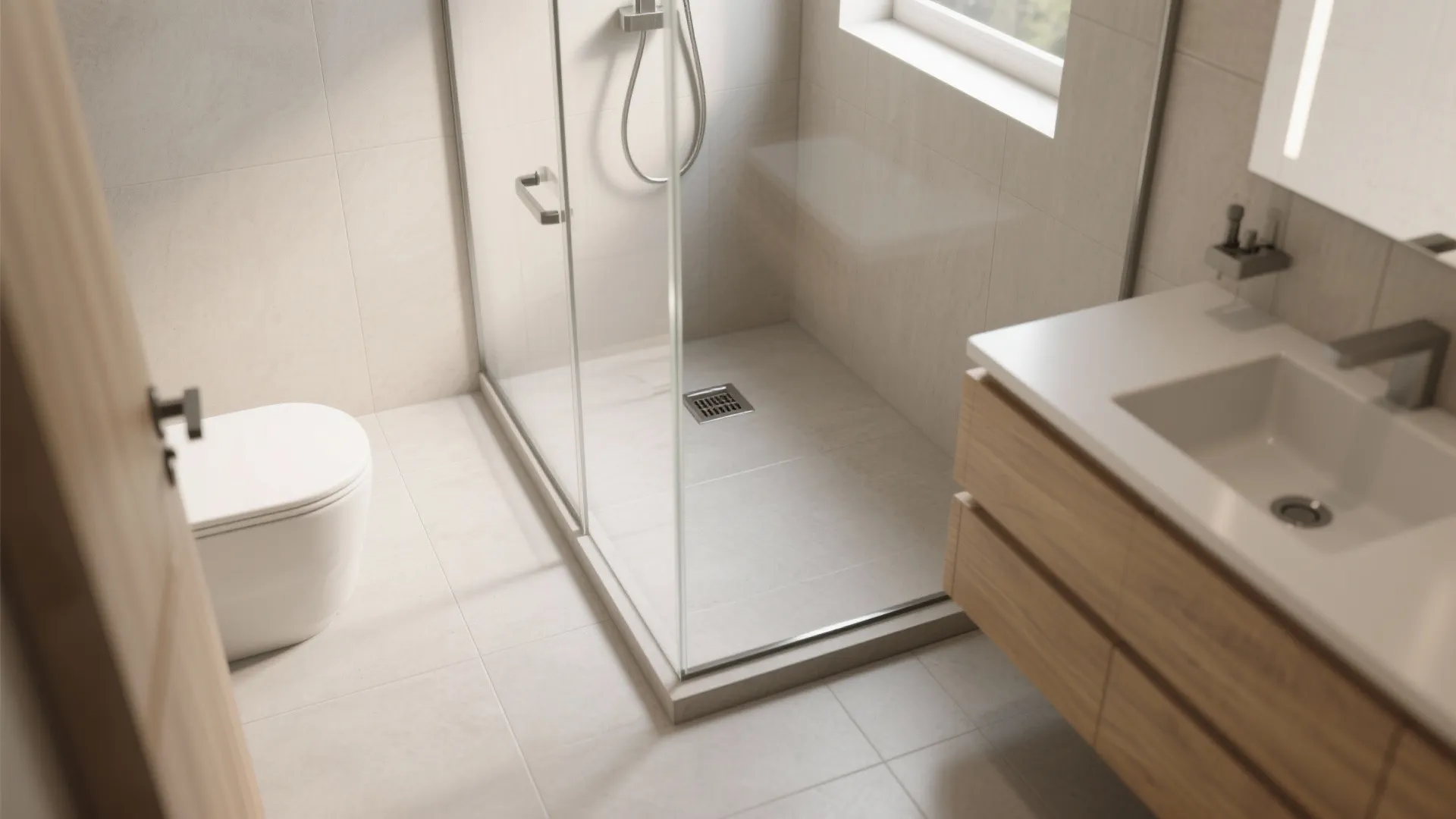 Curbless shower pan that visually extends the floor
