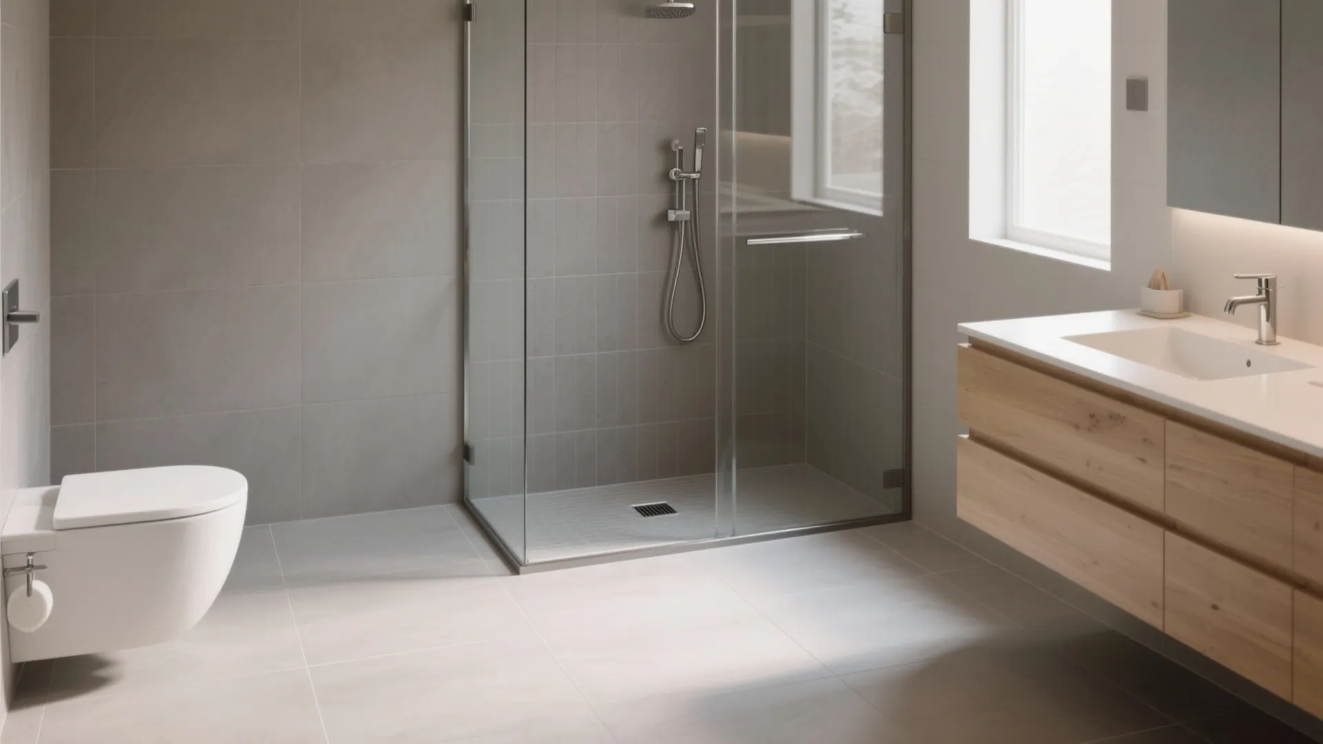 5) Curbless continuity with matte tiles (floor-to-wall flow)