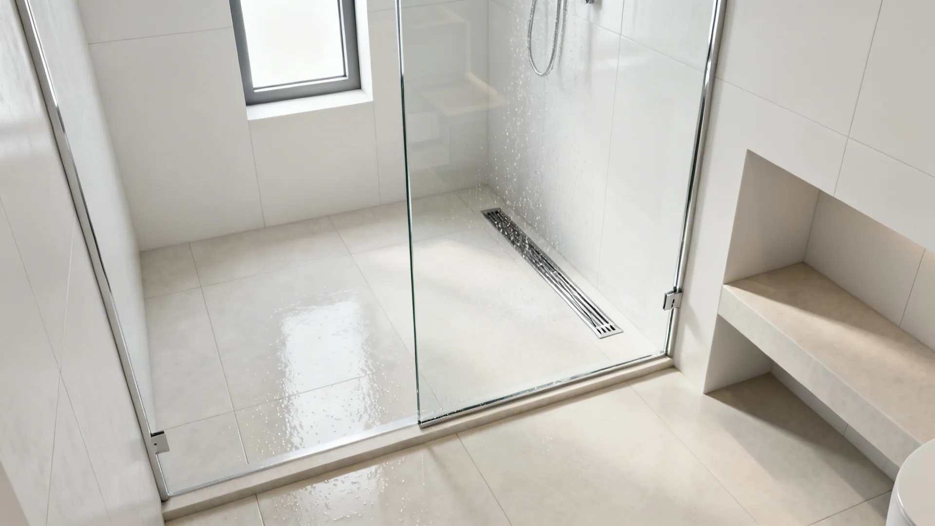 Curbless walk-in shower with a single glass partition and linear drain in a small bathroom.