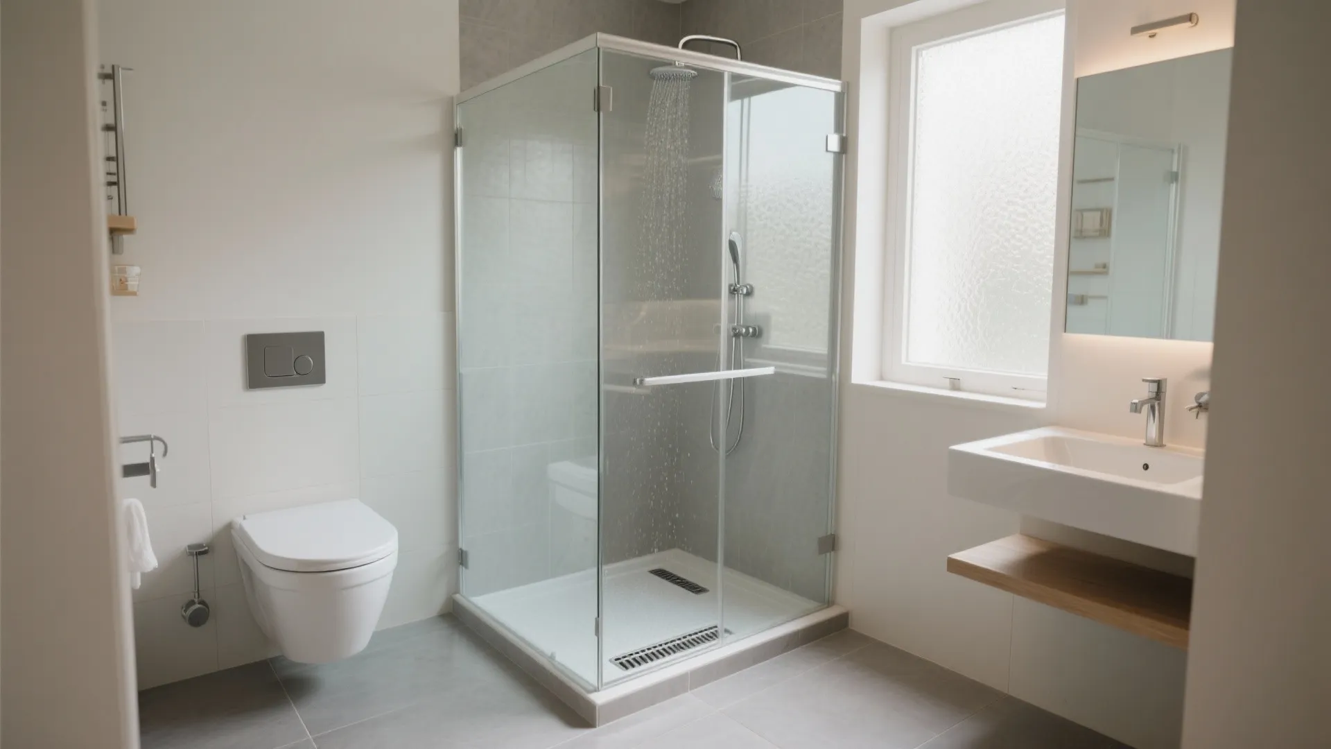Clear glass shower partition with curb-less entry