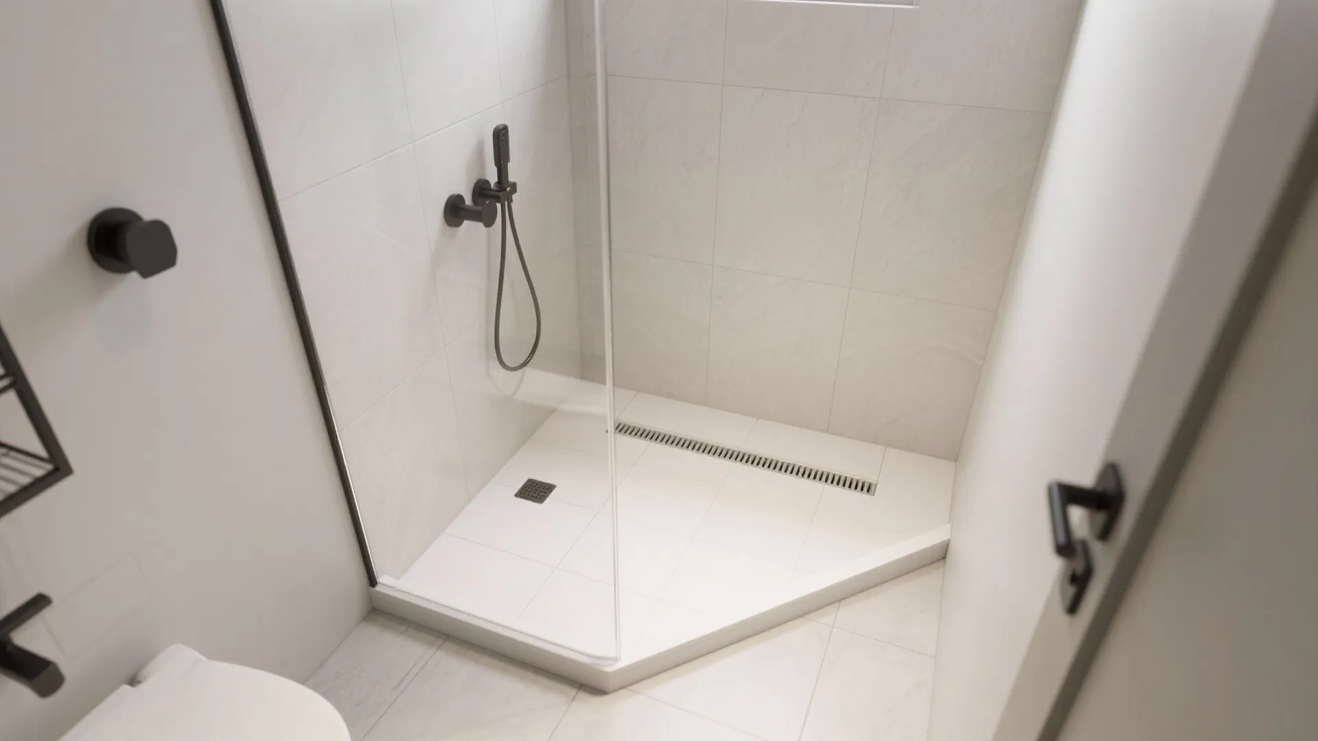 Modern walk-in shower with glass partition wall black shower head and linear floor drain system