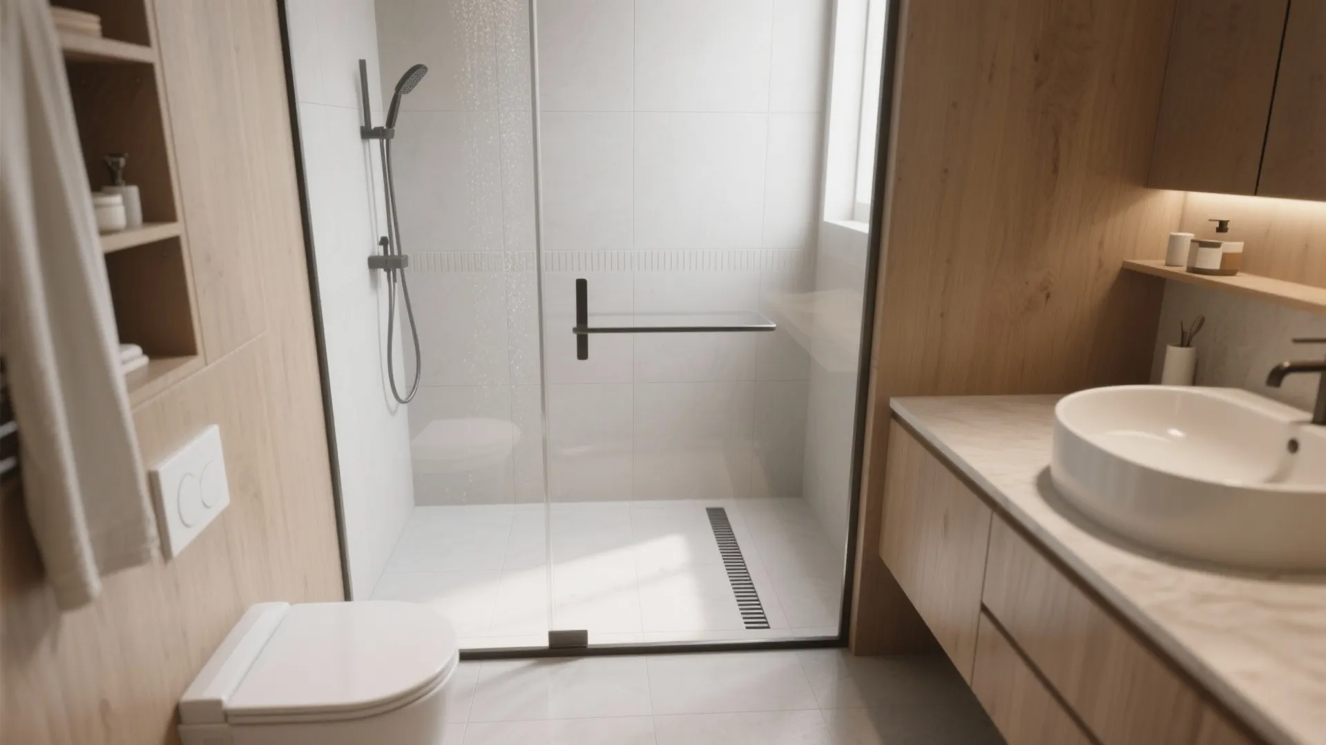 Modern bathroom showing glass walk in shower with black hardware next to wood sink cabinet