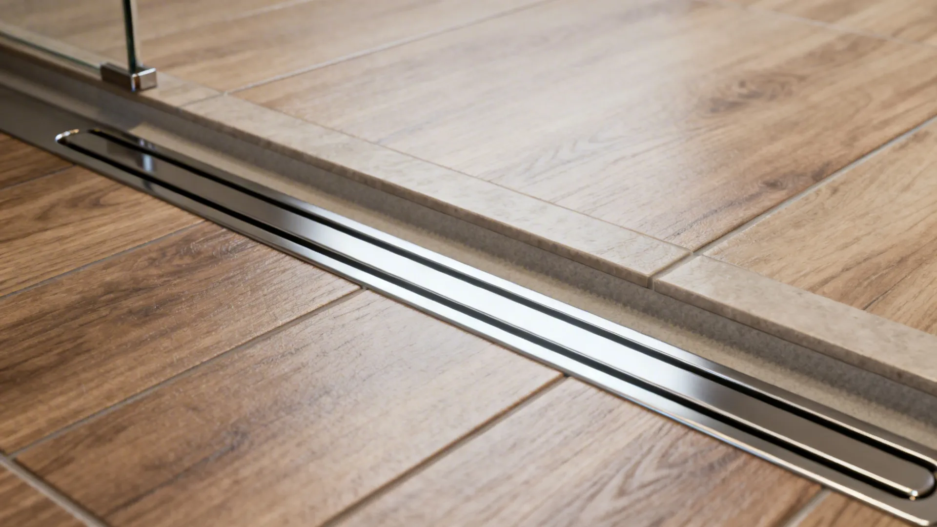 Curbless shower threshold with continuous floor and linear drain
