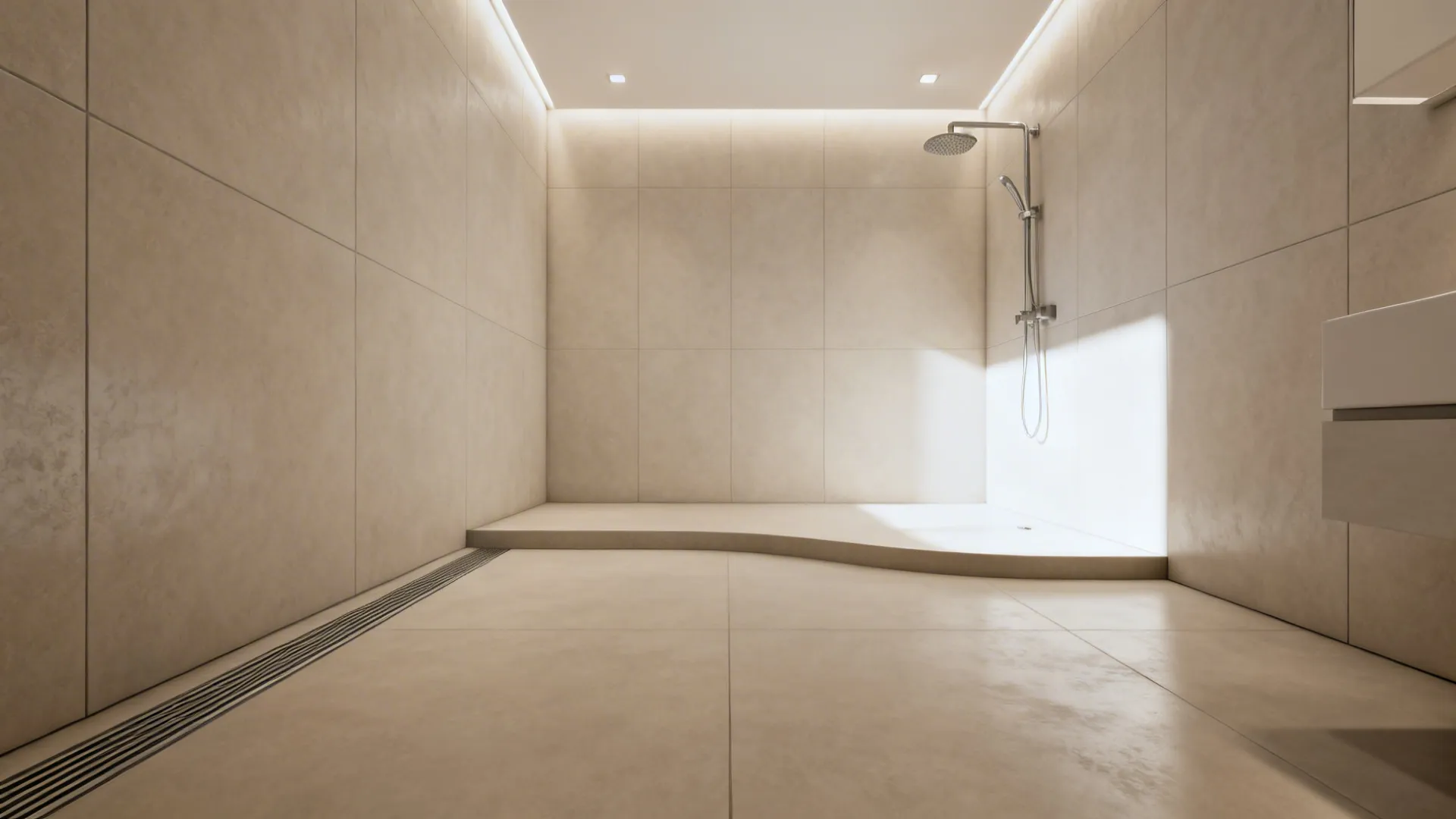 Narrow bathroom with curbless walk-in shower and linear drain, clean neutral tiles and gentle slope